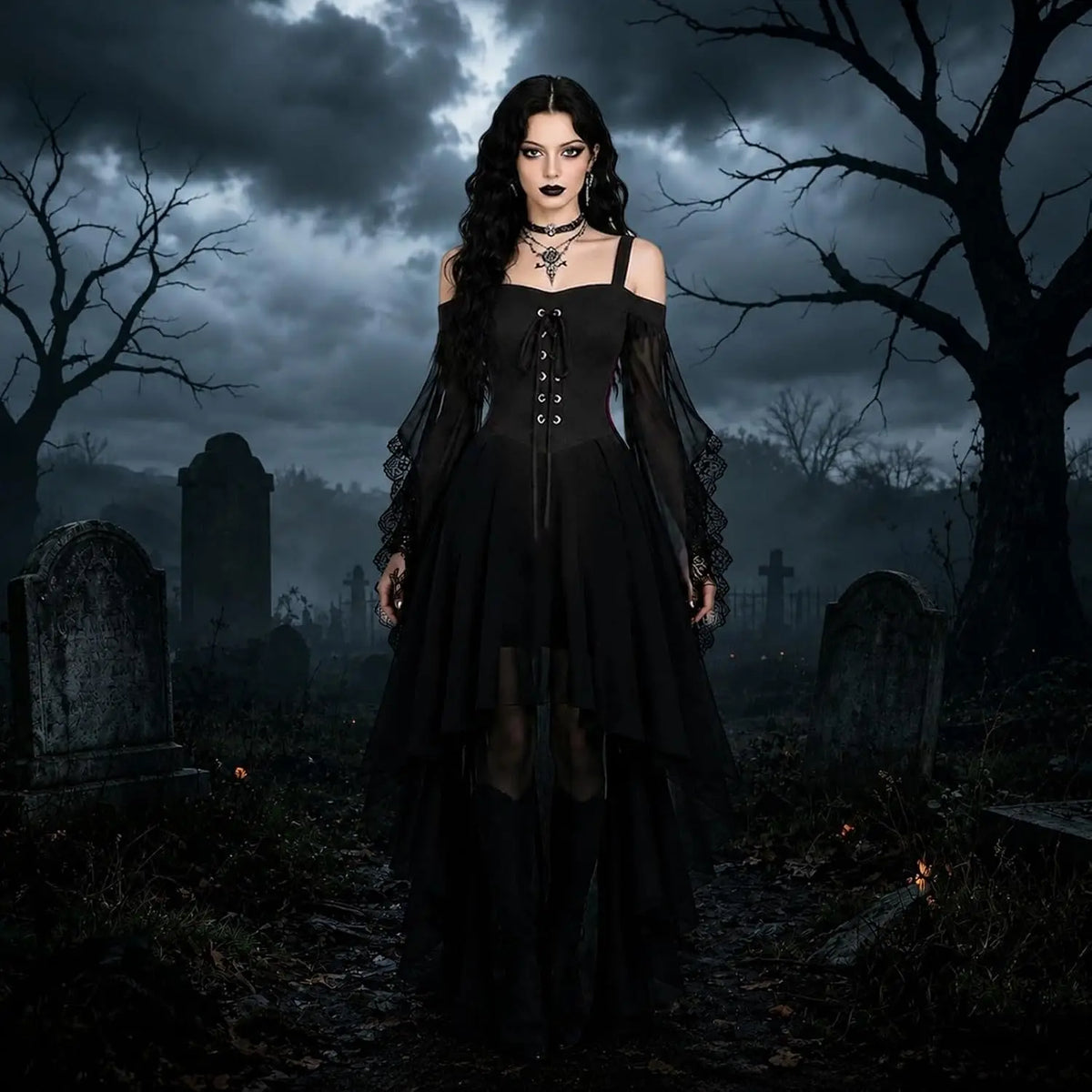 Robe gothique noire portée dans un cimetière la nuit