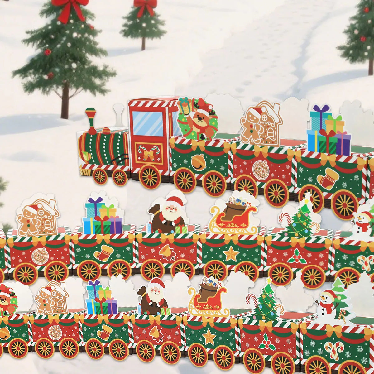 Calendrier de l'Avent train de Noël : 24 boîtes en carton alignées près du sapin