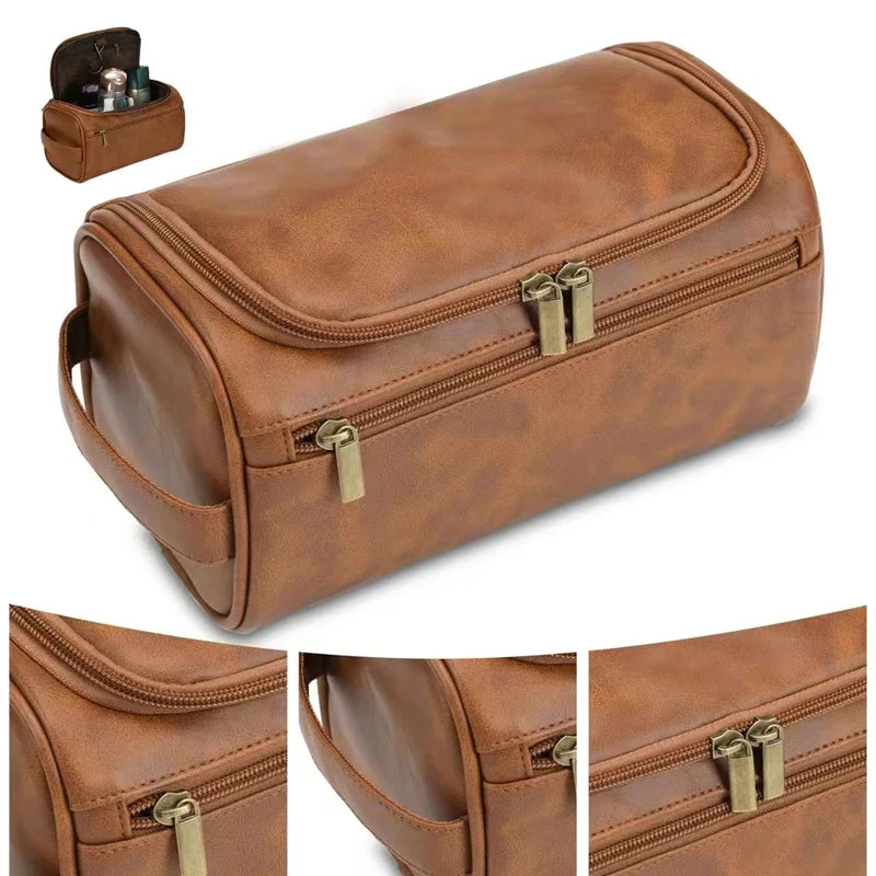 Trousse de toilette marron en simili cuir avec poignée