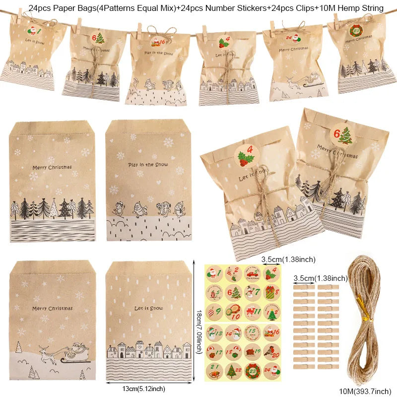 Contenu du kit : 24 sachets kraft, 24 autocollants numérotés, 24 mini pinces et 10 m de ficelle