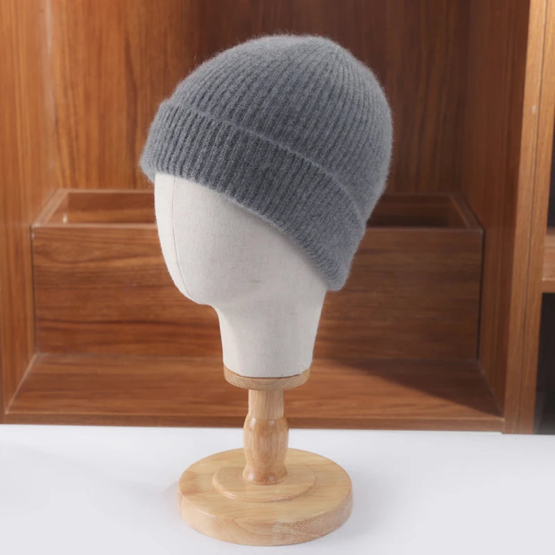 Bonnet côtelé en laine mérinos gris à revers