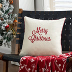Housse de coussin de Noël écrue brodée Merry Christmas en rouge