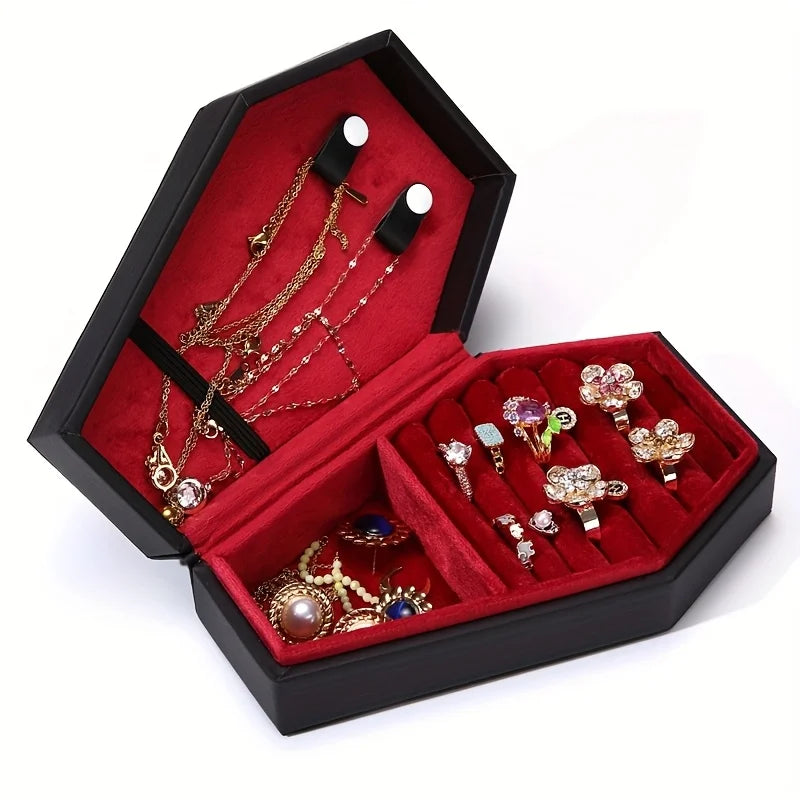 Le Reliquaire, boîte à bijoux cercueil noire ouverte, intérieur velours rouge