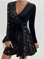 Robe de fête noire à paillettes, col V cache-cœur