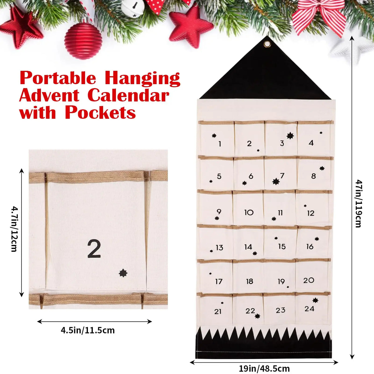 Dimensions du calendrier de l'Avent à poches : 119 × 48,5 cm, poches de 12 × 11,5 cm