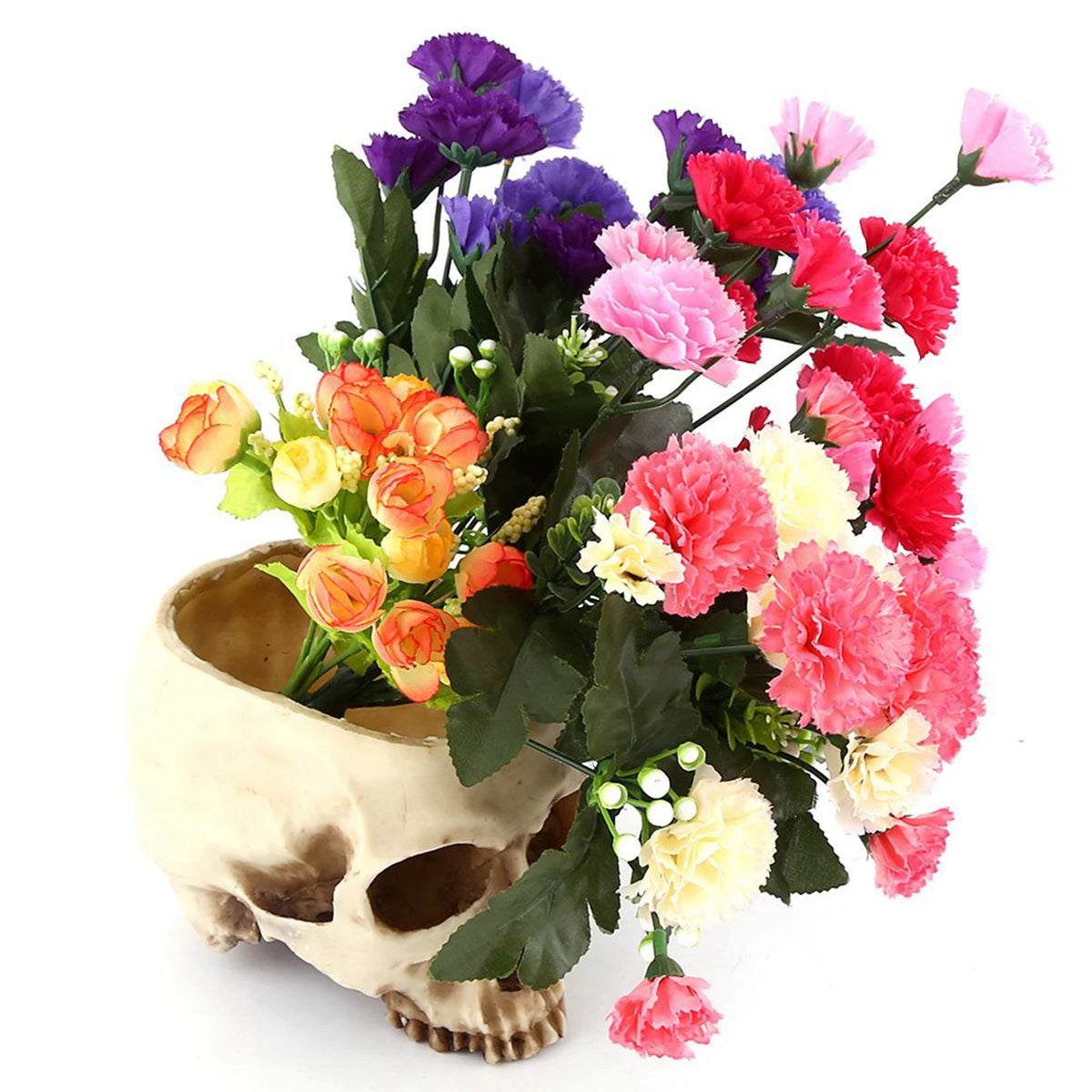 Pot crâne garni de fleurs