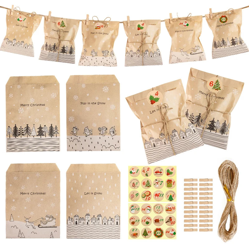 Sachets kraft accrochés à une ficelle avec des pinces, en guirlande-calendrier