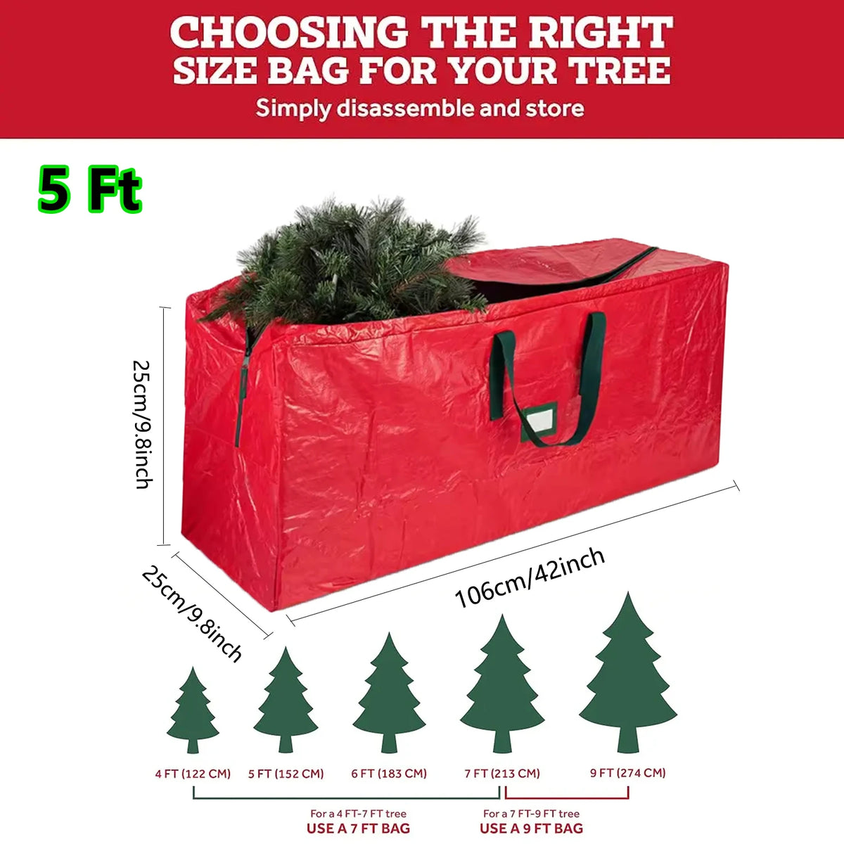 Sac à sapin rouge 106 × 25 × 25 cm, pour sapin jusqu'à 150 cm