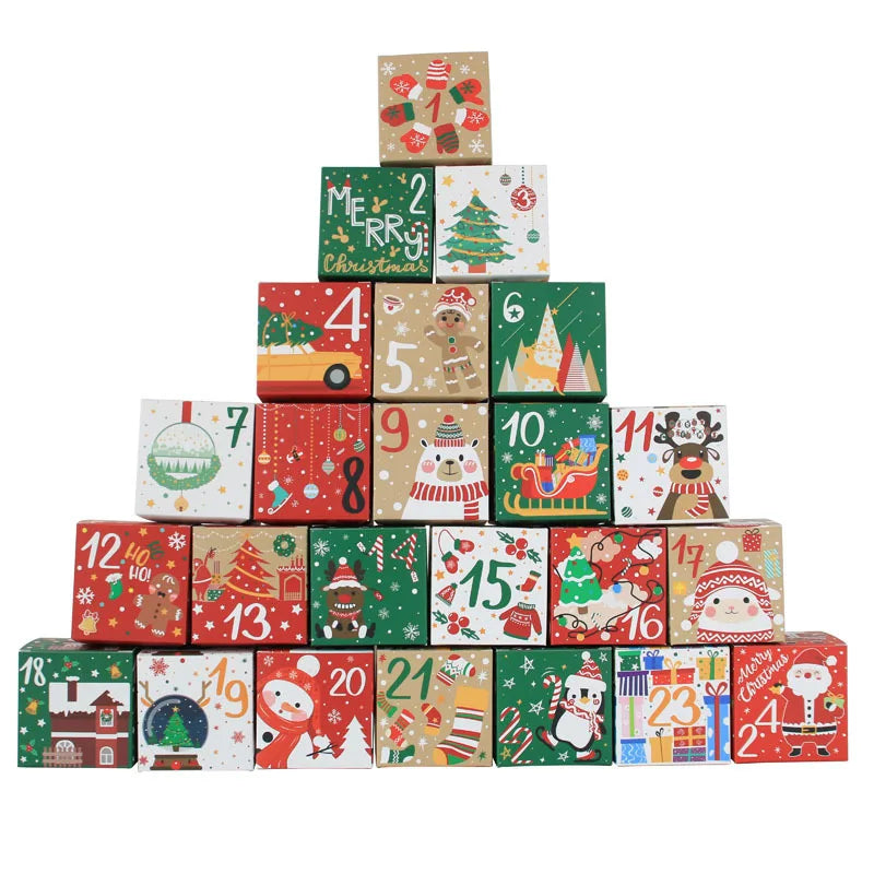 24 cubes numérotés empilés en forme de sapin