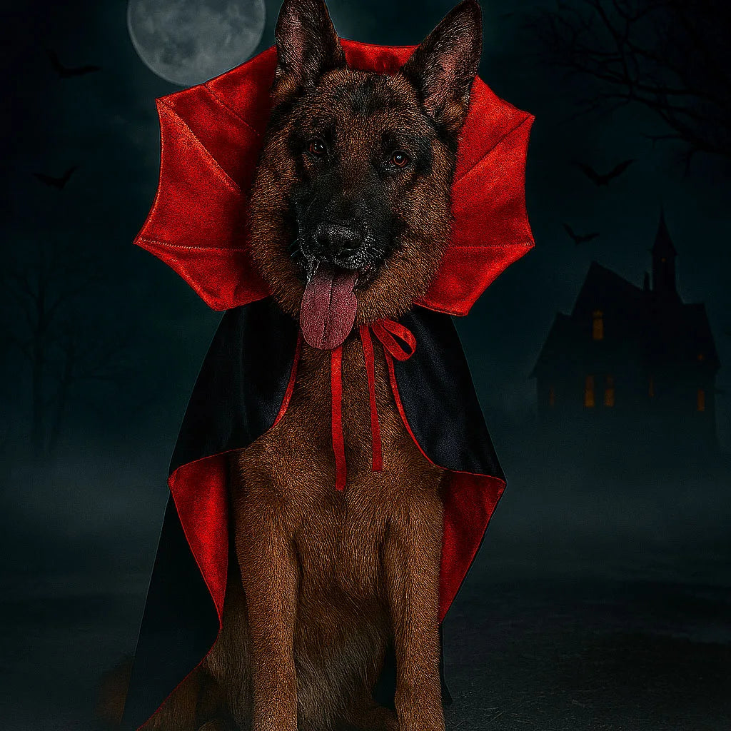 Chien en cape de vampire