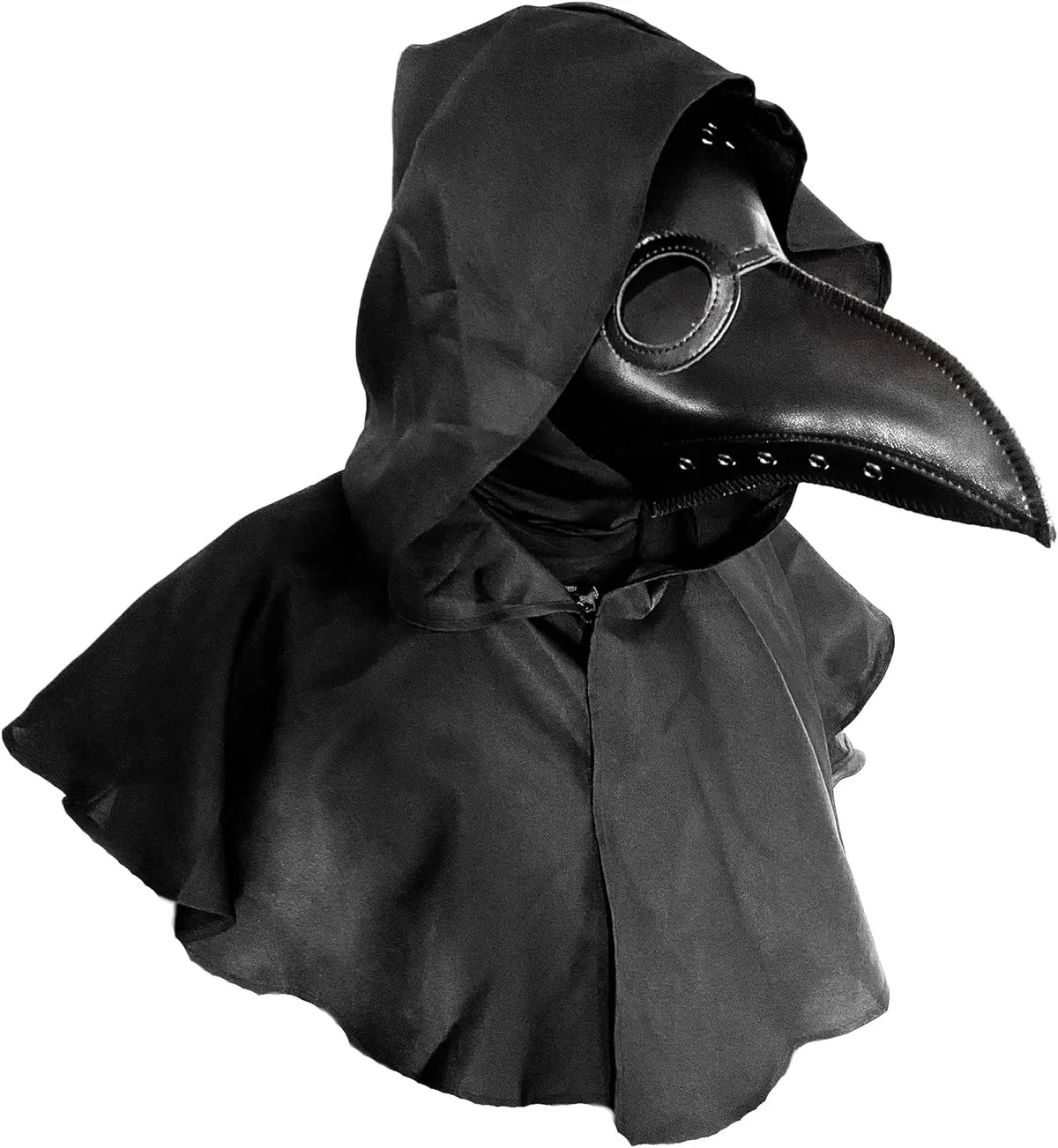 Version masque + capuche : le masque porté avec la capuche-pèlerine noire